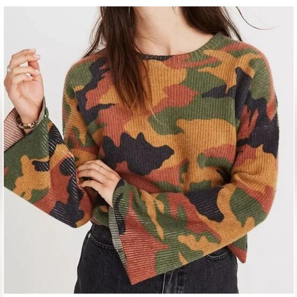 Madewell Merino Wool Bunny Rabbit Camo Print Flare Bell Sleeve Cropped Sweater - Picture 1 of 6